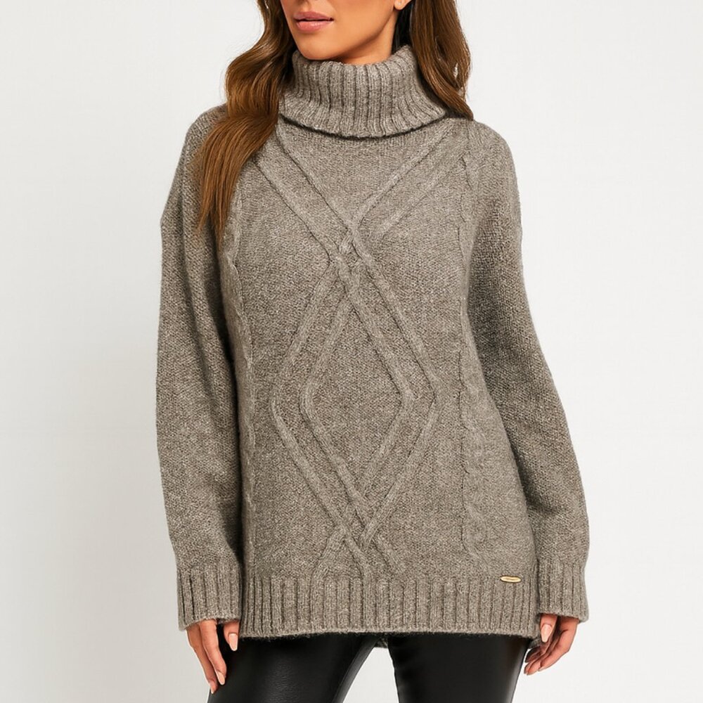 NWT Michael Kors Cable Knit Sweater Turtleneck Jumper Taupe Heather - Picture 2 of 15